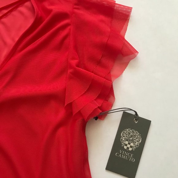Vince Camuto Flutter Cap Sleeve Mesh Overlay Bright Coral V-Neck Top NWT Small - Picture 6 of 10